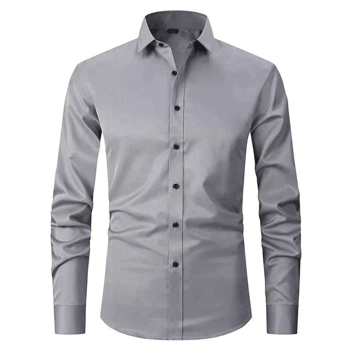 Camisa de vestir elástica para hombre de manga larga sin plancha corte regular